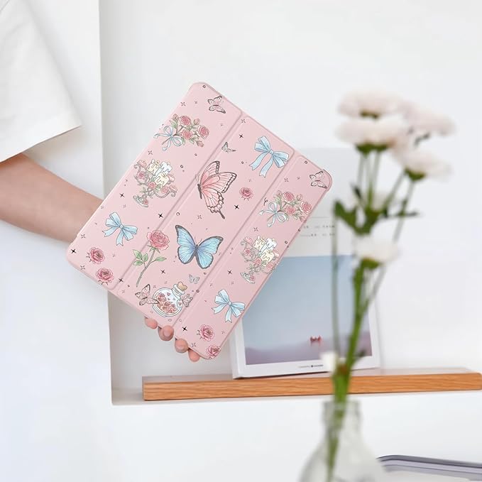 Cute Flower Butterfly for iPad mini 7 A17 Pro 2024/iPad Mini 6 Case with Pencil Holder Auto Sleep/Wake Pink Leather Soft TPU Back Cover