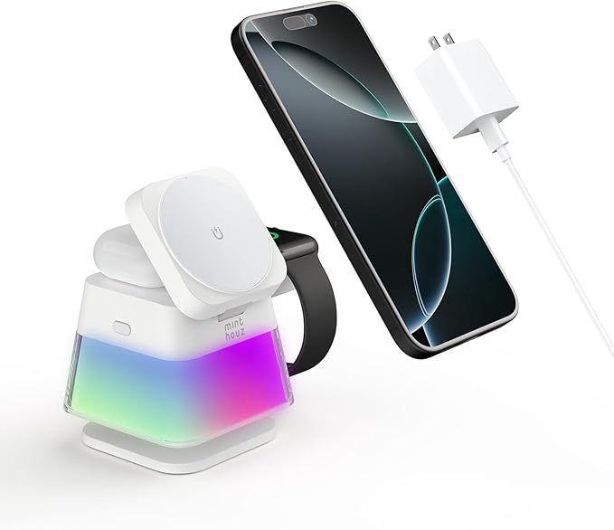 Minthouz 3 in 1 Charging Station for iPhone Wireless Charger for Apple Charging Station for Multiple Devices with Multi-Color Light for iPhone 16 15 14 13 12 Pro Apple Watch &amp AirPods Pro/4
