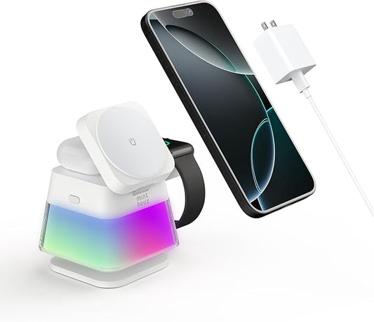 Minthouz 3 in 1 Charging Station for iPhone Wireless Charger for Apple Charging Station for Multiple Devices with Multi-Color Light for iPhone 16 15 14 13 12 Pro Apple Watch &amp AirPods Pro/4