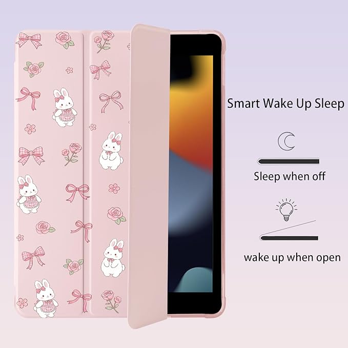 Cute Kawaii Bunny Bow Flower for iPad Air 11 Inch Case 7th/6th Generation (M3/M2) 2025/2024 with Pencil Holder Auto Sleep/Wake Pink Leather Soft TPU Back Cover
