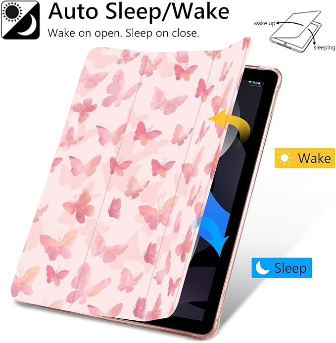 Pink Watercolor Butterfly Case for iPad Pro 11 Inch 2022/2021/2020/2018 Protective CasePencil Holder &amp Clear Soft TPU Back &amp Trifold Cover for Women Scratchproof Cover