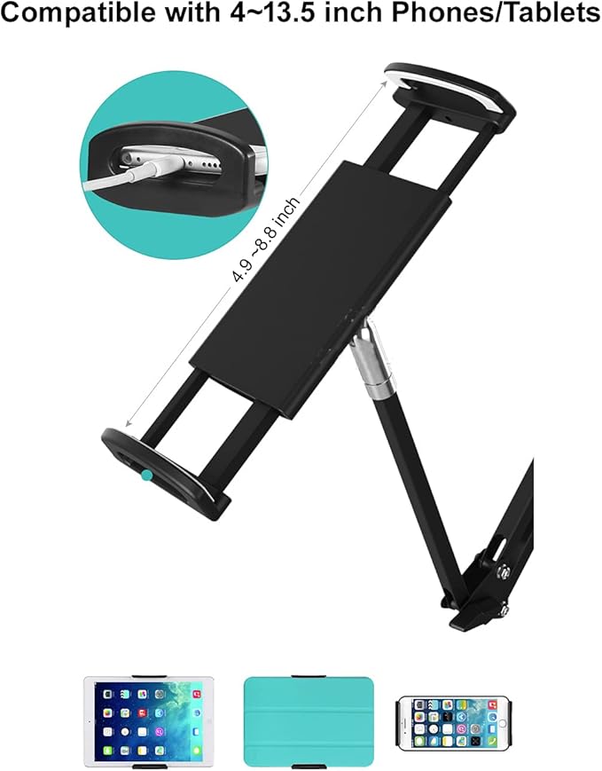 Heavy Duty Phone/Tablet Metal Holder Universal Mobile Cell Smartphone Mount Lazy Bracket 360° Rotation Gooseneck Clamp Stand Flexible Long Arm (Black 3-Section)