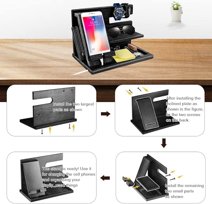 Gifts for Men Christmas Wood Phone Docking Station Mens Gifts for Birthday or Gifts for Dad Fathers Day Desk Workspace Organizer Nightstand Organizer Key for Wallet &amp Watch Holder Husband Chris