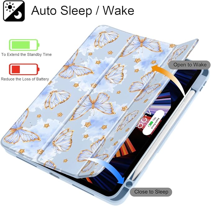 Tuiklol for iPad Pro 11 Inch (M5 2025 / M4 2024) Case Buit-in Pencil Holder with Slim Clear Back Cover Protection Trifold Stand-Auto Wake/Sleep Tablet Case Black Flower Blue Butterfly