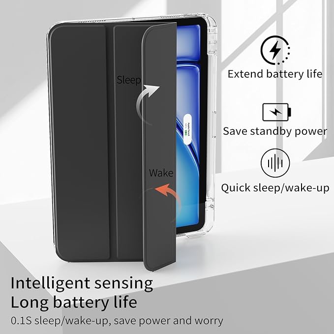 Case for iPad Air 11 inch M4/M3/M2 (2026/2025/2024) &amp iPad Air 5/4th Generation (2022/2020) 10.9 inch 2-in-1 Removable Hard PC Transparent Back with Pencil Holder Auto Sleep/Wake Black
