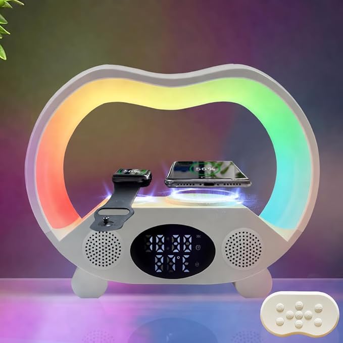 IHAO 6in1 Wireless Charging Station with Bluetooth Speaker Time&ampTemperature Display Alarm Clock 7-Color LED Night Lights Fast Charger for Phone Apple Watch Earbuds Remote Control Auto Shutoff-Wh