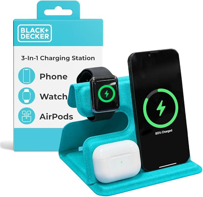 BLACK+DECKER 3 in 1 Charging Station for Apple Multiple Devices Wireless Foldable Travel Charger for Multiple Devices iPhone 17 16 15 14 13 Pro Max Plus Apple Watch Series/AirPods (Loch Ness)