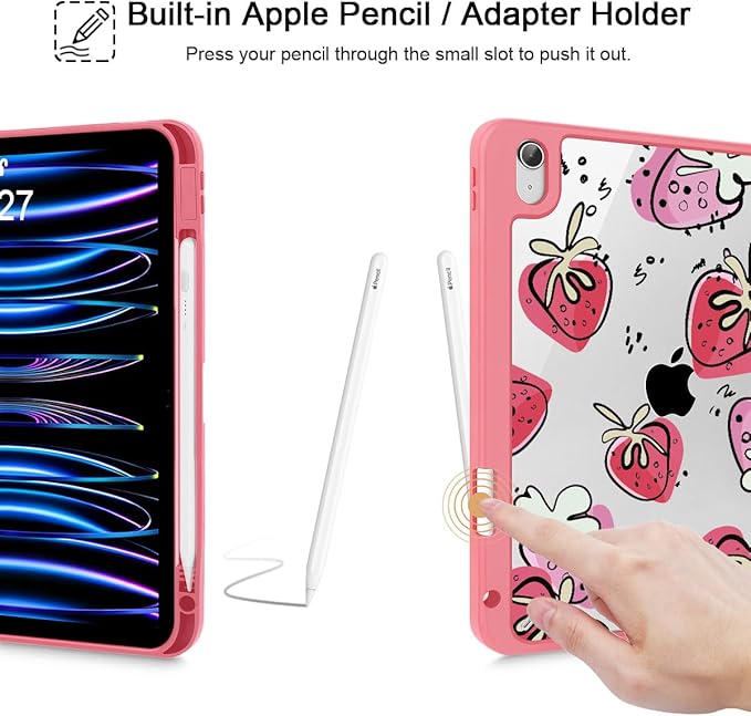 Tuiklol for 2025 iPad (A16 Chip) 11th Generation 11 inch/iPad 10th Generation 10.9 inch 2022 Case Buit in Pencil Holder with Clear Back Shell Cover Trifold Stand Auto Wake/SleepStrawberries