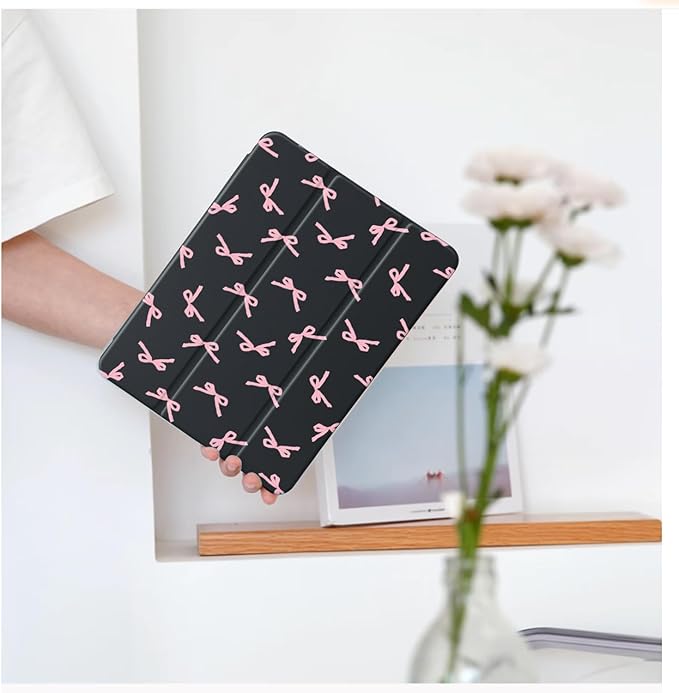 Cute Kawaii Pink Bow for iPad Air 11 Inch Case 7th/6th Generation (M3/M2) 2025/2024 with Pencil Holder Auto Sleep/Wake Black Leather Clear Acrylic Back Cover