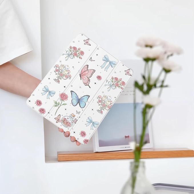 Cute Flower Butterfly for iPad Air 3 Case with Pencil Holder Auto Sleep/Wake White Leather Soft TPU Back Cover for iPad Pro 10.5 Inch 2017