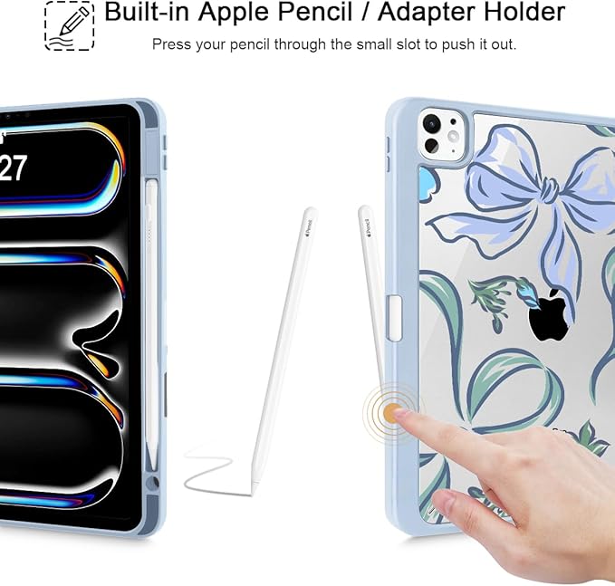 Mektron Case for M5/ M4 iPad Pro 11 inch 2025/2024 with Pencil Holder Compatible Models: A3357/A3358/A3359/A2836/A2837/A3006 Shockproof Cover Clear Shell Flowers-Bows-Blue
