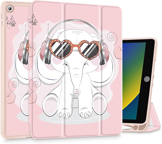 Tuiklol Case for iPad 10.2 Inch 2021 2020 2018 Release 9th / 8th / 7th Generation Built-in Pencil Holder TPU Protective Stand Back Cover Trifold Stand-Auto Wake/Sleep Lovely Elephant-Pink