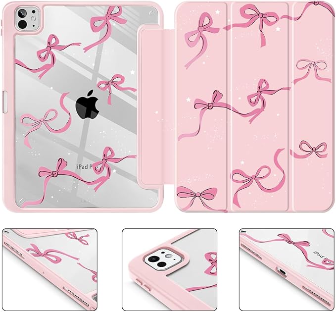 May Chen Case for iPad Pro 11-Inch M5/M4 2025/2024 (6th/5th Generation) Clear Transparent Print Back Shell Slim Stand Shockproof Tablet Cover Auto Wake/Sleep Pink Bows
