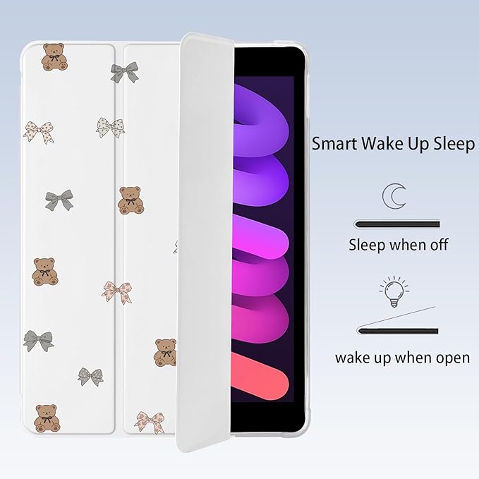 Cute Kawaii Bow Bear for iPad Air 13 Inch Case M3 2025/M2 2024 with Pencil Holder Auto Sleep/Wake White Leather Soft TPU Back Cover