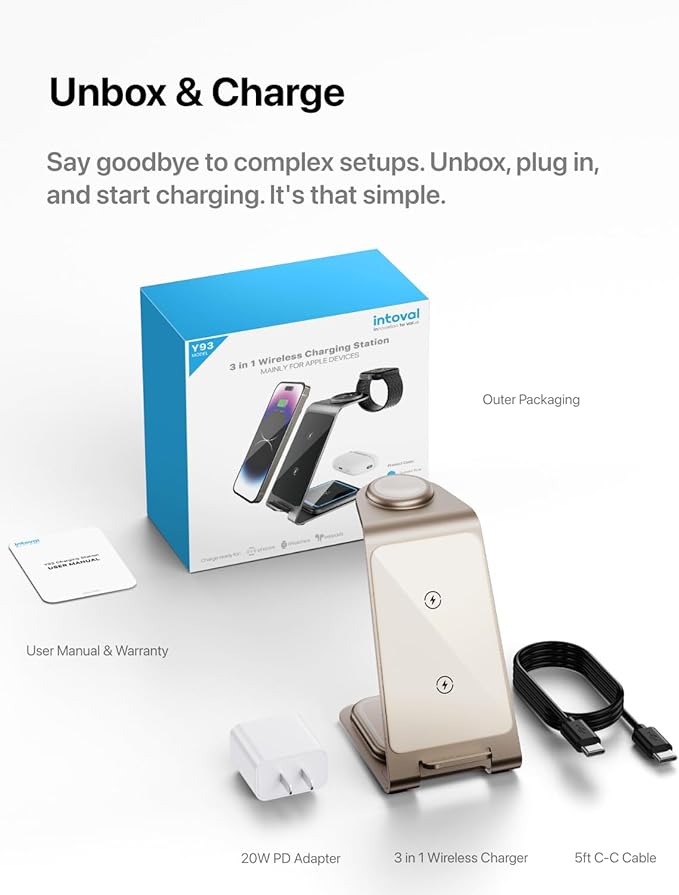 Intoval Aluminum 3 in 1 Wireless Charging Station for iPhone 17 16 15 14 13 12 11 Pro Max XR Wireless Charger for Apple Watch 11 10 9 8 7 Ultra SE 3 2 Phone Charger for AirPods 4 Pro 2 3 (Desert)