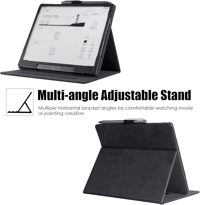 BOZHUORUI Case for Penstar eNote 2 Paper TabletPU Leather Protective Folio Cover with Auto Sleep Wake Multiple Viewing Angles Stand Cover with Hand Strap (Rock Black)