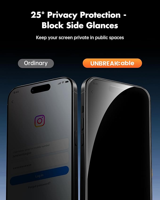 UNBREAKcable Privacy Screen Protector for iPhone 15 (6.1-Inch) 2-Pack + 2 Lens Protectors｜25° Anti-Spy｜9H Hardness｜Anti-Fingerprint｜HD Clarity Tempered Glass
