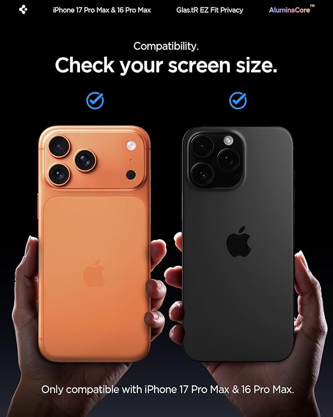 Spigen AluminaCore Tempered Glass Screen Protector [Glas.tR EZ Fit - Privacy] designed for iPhone 17 Pro Max | iPhone 16 Pro Max [2 Pack] 9H+ Hardness Aluminum-Enhanced Durability