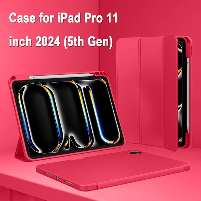 ZryXal iPad Pro 11 Inch Case (M5) 2025/ (M4) 2024 (Model: A2836/A2837/A3006) Trifold Stand Smart Cover with Pencil Holder and Soft TPU Back Auto Wake/Sleep (Red)