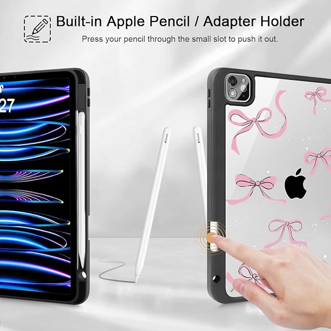 May Chen for iPad Pro 11 inch M2 4th Generation 2022 iPad Pro 11 3rd/2nd/1st Gen Case with Transparent Shockproof Back Cover [Built-in Pencil Holder Auto Sleep/Wake Stars Bow