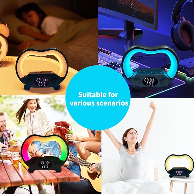 IHAO 6in1 Wireless Charging Station with Bluetooth Speaker Time&ampTemperature Display Alarm Clock 7-Color LED Night Lights Fast Charger for Phone Apple Watch Earbuds Remote Control Auto Shutoff-Bl