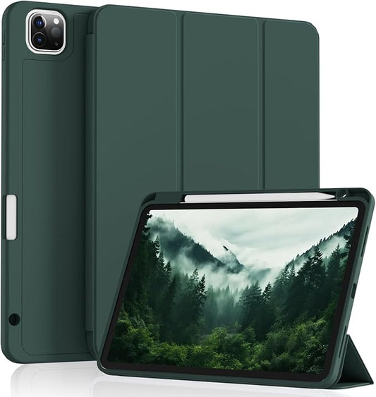 Case for iPad Pro 11 4th Gen 2022/3rd Gen 2021/2nd Gen 2020 with Pencil Holder Support Pencil Charging Soft TPU Back Cover Three-Stage Folding Support Auto Sleep/Wake Dark Green