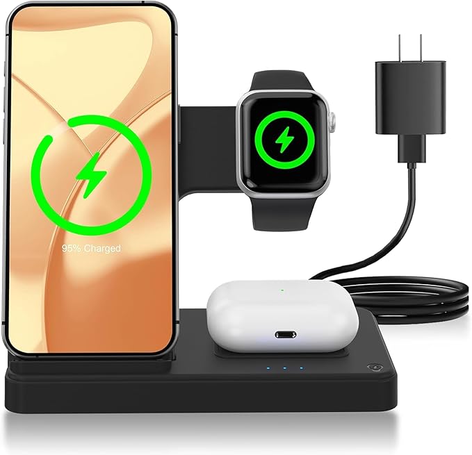 Portable 3-in-1 Wireless Charging Stand Dock Compact Design for Bedroom and Travel Compatible with iPhone 17/16/15/14/13/12 Series for Apple Watch Ultra/SE/Series 11–2 and for AirPods Pro 4/3/2