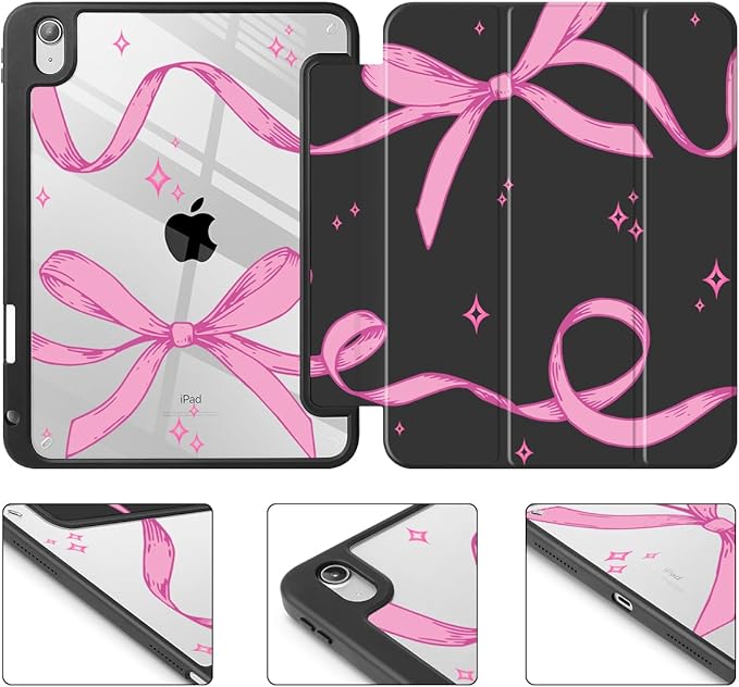 Tuiklol Case for iPad 11 inch (A16 Chip) 2025 Generation 11th / iPad 10.9 inch 2022 10th Gen Buit in Pencil Holder with Shockproof Cover Clear Transparent Back Shell Auto Wake/Sleep Bow-Black