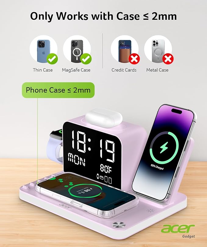 Acer 7-in-1 Wireless Charging Station with LED Clock - 30W Fast Wireless Charger for iPhone 16/15/14/13/12/Pro Max Apple Watch AirPods - Bluetooth Auto Time Sync &amp Night Lights (Purple)