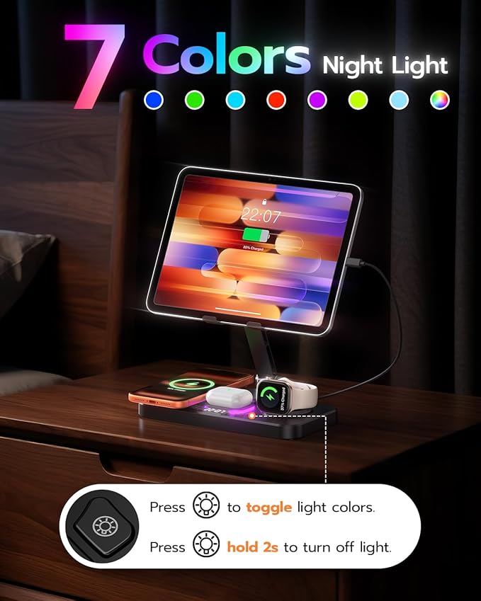 45W 6 in 1 Charging Station for Apple Multiple Devices with Clock &amp Light 20W Fast Foldable Wired Charging Stand for iPad/Tab Wireless Charger Design for MagSafe Charger for iPhone 17/iWatch/Air