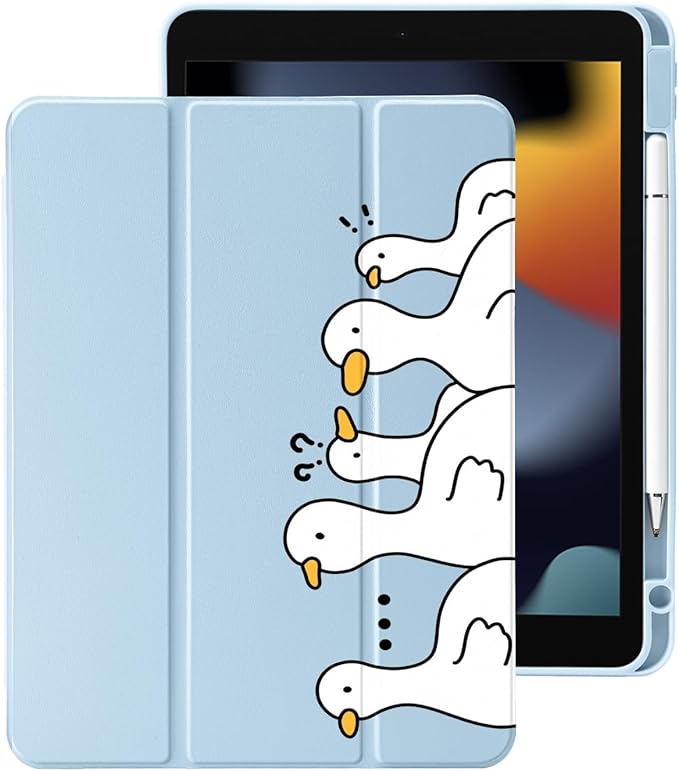 Cute Kawaii Duck for iPad Pro 13 Inch Case (M5/M4) 2025/2024 with Pencil Holder Auto Sleep/Wake Blue Leather Clear Acrylic Back Cover