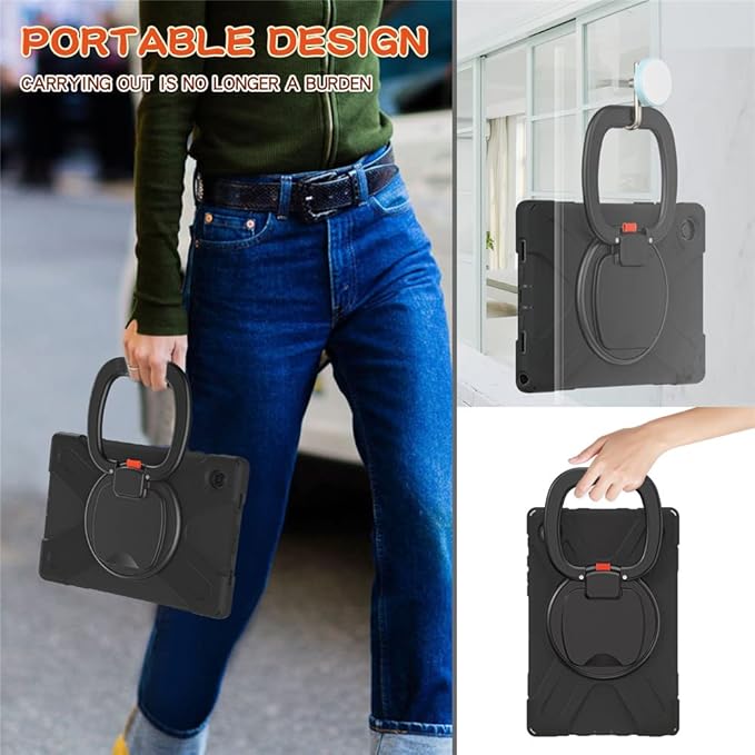360 Rotation Case for Galaxy Tab A8 10.5 Sturdy Cover Rotate Ring Stand Shoulder Carrying Strap Hand Strap Rugged Children Adults Outdoor Case Black