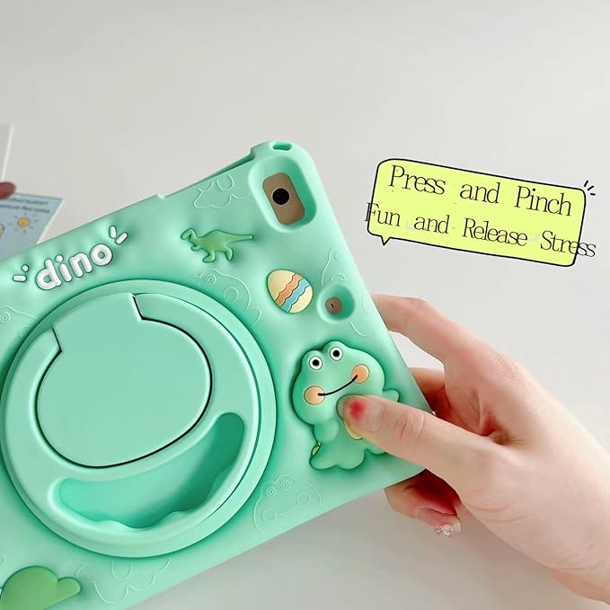 3D Cute Press Dinosaur Case for iPad 10th Gen (2022) 10.9 inch/iPad (A16) 11th 2025 11 inchCartoon Character Dinosaur Soft Silicone Rotating Stand Case with Lanyard for Kids Teens Girls Women