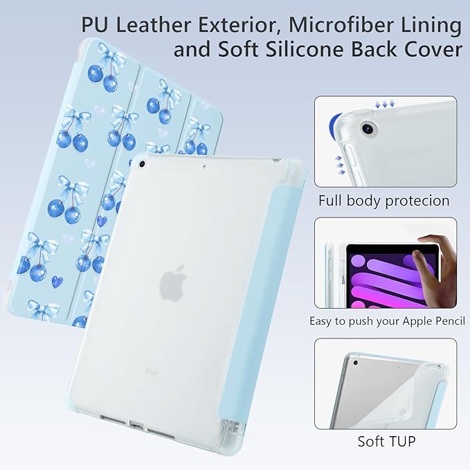 Cute Cherry Bow for iPad Pro 11 Inch Case 4th/3rd/2nd Generation 2022/2021/2020 with Pencil Holder Auto Sleep/Wake Blue Leather Soft TPU Back Cover