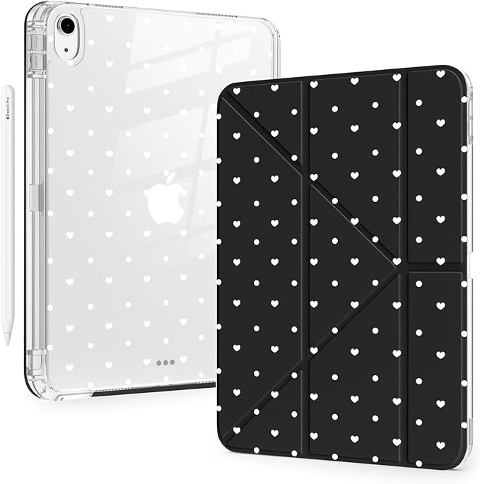 Cute White Polka Dot Heart for iPad Pro 11 Inch Case (M5/M4) 2025/2024 with Pencil Holder Auto Sleep/Wake Black Leather Acrylic Back Detachable Cover
