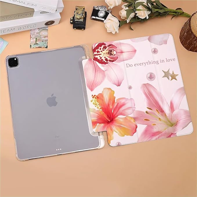 Pink Lilies and Hibiscus Flowers Case Compatible with IPad 9th 8th 7th Generation 10.9 Inch 2021/2019/2018Funny Cover with Trifold Stand + Pencil Holder for Boys GirlsiPad Air6 13inch 2024