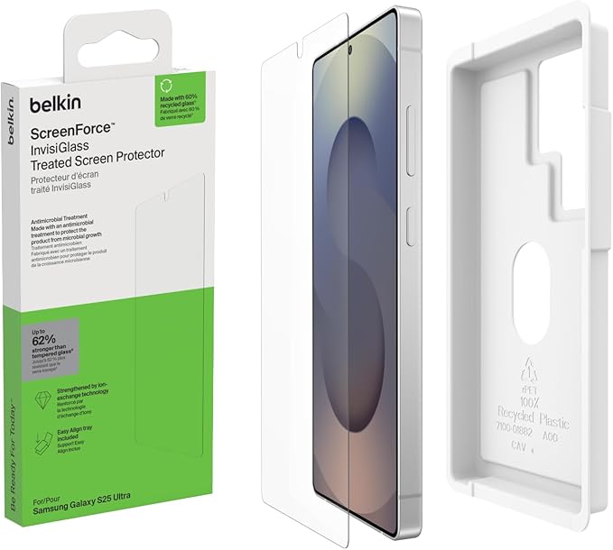 Belkin ScreenForce InvisiGlass Treated Screen Protector for Samsung Galaxy S25 Ultra 9H Hardness Scratch-Resistant Impact Protection w/Align Tray for Easy Application - Made with Recycled Glass