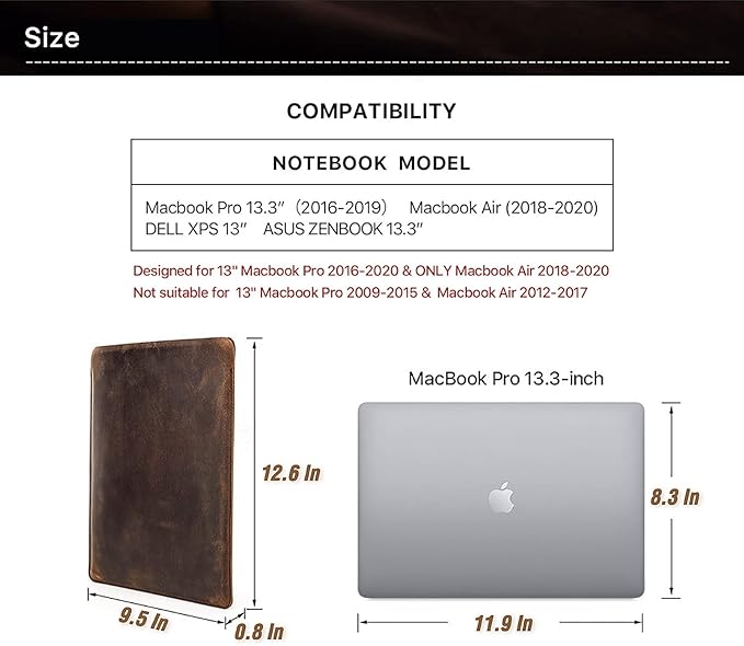Top Grain Leather 13.3 Slim Laptop Sleeve Case Solid Minimalist Vintage Design Handmade Compatible with MacBook Pro 13.3 MacBook Air M1/M2 DELL XPS 13 &amp Other PC Brown 13.3 Inch
