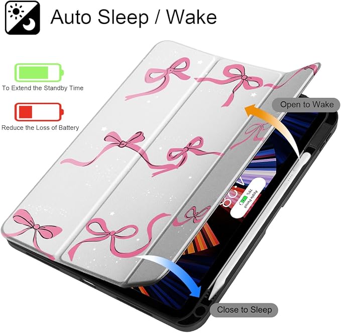 May Chen Case for iPad Air 13 Inch M4 2026 M3 2025 M2 2024 [Built-in Pencil Holder] Shockproof Cover with Clear Transparent Back Shell Auto Sleep/Wake Cover White Bows
