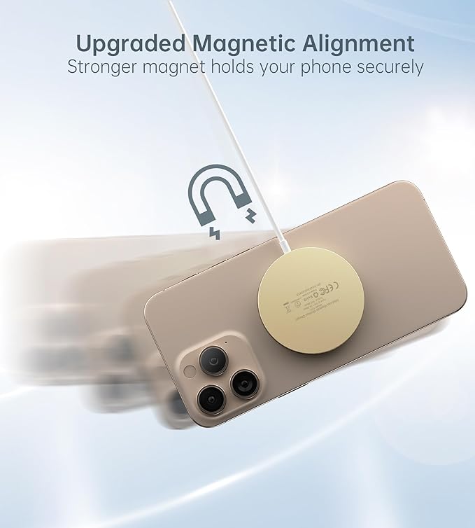 Magnetic Wireless Charger for iPhone 17/16/15/14/13/12 - Mag Charger+20W USB C Adapter Fast Wireless Charging Stand/Pad with 5ft Cable for iPhone 17/16/15/14/13/12 Pro Max Plus Mini 17 Air Gold
