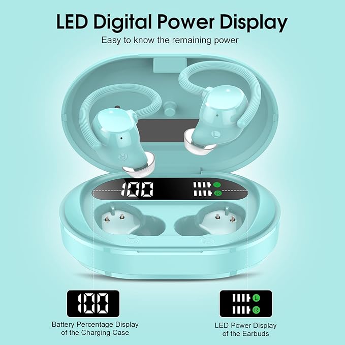 Wireless Earbuds 2023 New Ultralight Sport Bluetooth 5.3 Headphones In Ear with LED Display Built-in Mic Earphones IPX7 Waterproof Wireless Headphones with Earhooks for Gym Workout (Blue)