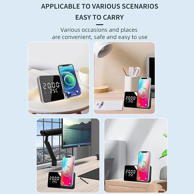 IHAO Multifunctional Alarm Clock with Wireless Charging for Phone 15W Fast Charger Large LED Display Temperature Phone Bracket for Bedside &amp Desk-W5 White