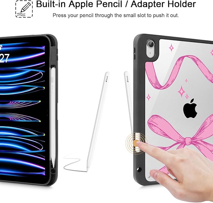 Tuiklol Case for iPad 11 inch (A16 Chip) 2025 Generation 11th / iPad 10.9 inch 2022 10th Gen Buit in Pencil Holder with Shockproof Cover Clear Transparent Back Shell Auto Wake/Sleep Bow-Black