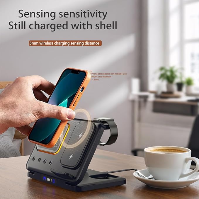 IHAO 5in1 Multi Functional Wireless Charging Station with Digital Clock 15W Fast Charge Night Light Temperature Display Wireless Charger for All Qi Phone and TWS Headphone Compliant with Apple Watch