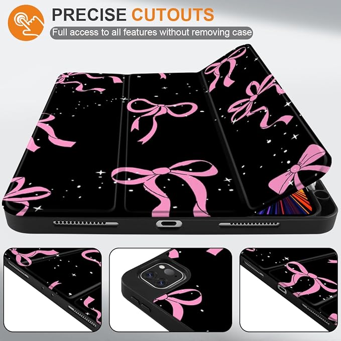 DONGKE Case for 2022/2021/2020/2018 iPad Pro 11 inch Gen 4/3/2/1 - Slim Protective Case - Built in Pencil Holder Support Charging - Trifold Stand &amp Sleep/Wake Cover - Bows &amp Stars