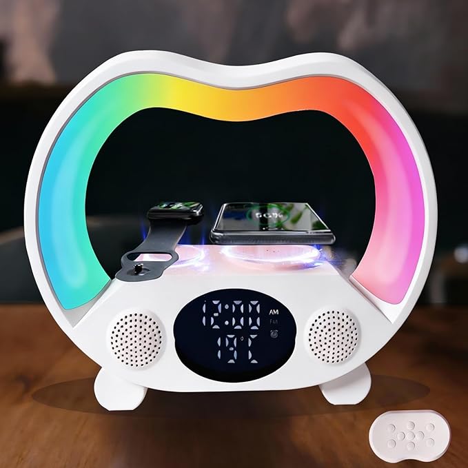 6-in-1 Wireless Charging Station with Bluetooth Speaker RGB Ambient Light Smart Display Clock &amp Thermometer and Remote Control for Remote Operation of All Functions ZS932 White.