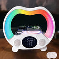 6-in-1 Wireless Charging Station with Bluetooth Speaker RGB Ambient Light Smart Display Clock &amp Thermometer and Remote Control for Remote Operation of All Functions ZS932 White.