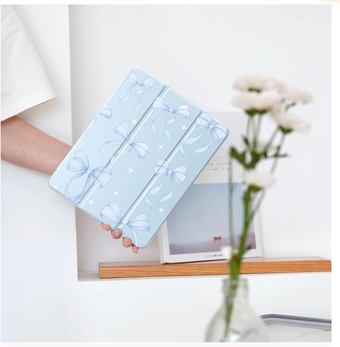 Cute Blue Ribbon Bow for iPad Pro 11 Inch Case (M5/M4) 2025/2024 with Pencil Holder Auto Sleep/Wake Blue Leather Clear Acrylic Back Cover