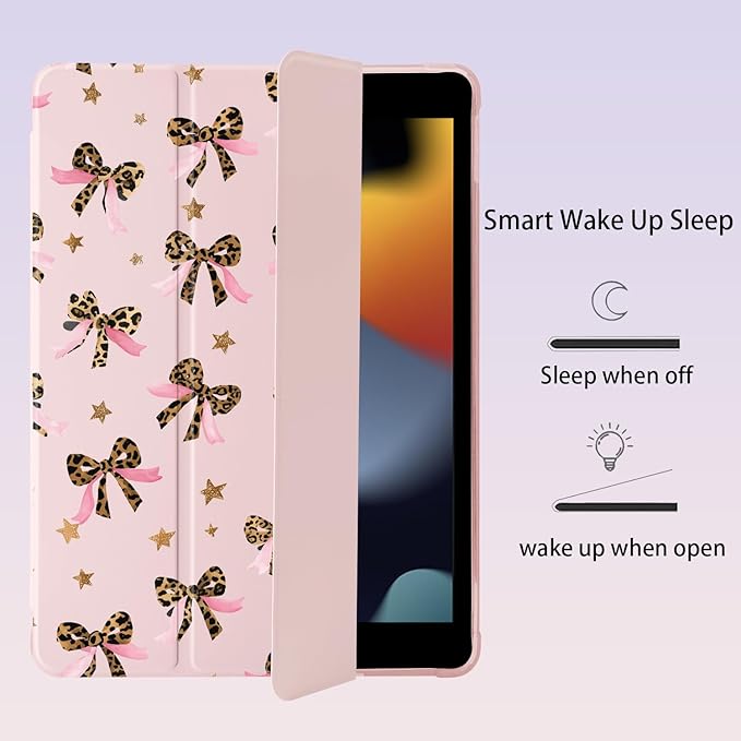Cute Ribbon Bow Star for iPad 5th/6th Generation Case with Pencil Holder Auto Sleep/Wake Pink Leather Soft TPU Back Cover for iPad 9.7 Inch
