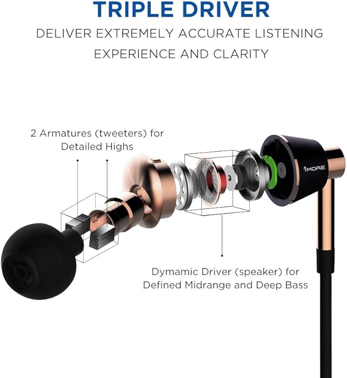 1MORE Triple Driver in-Ear Earphones Hi-Res Headphones with High Resolution Bass Driven Sound MEMS Mic in-Line Remote High Fidelity for Smartphones/PC/Tablet - Gold